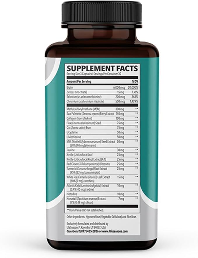 LifeSeasons Hair Gro-R - Clinically Studied Ingredients - Support Thickness Growth & Less Thinning - Reduce Hair Loss & Encourage Regrowth - Biotin Zinc Selenium & AnaGain Nu Pea Extract - 60 Capsules