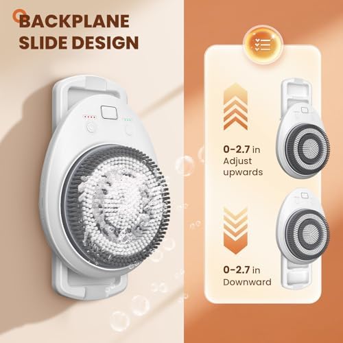 7'' Large Shower Back Scrubber Wall Mounted, 3 Speed Adjustment Electric Body Scrubber for Shower with 4 Replaceable Heads, 360 Degree Automatic Rota Tion Electric Shower Brush