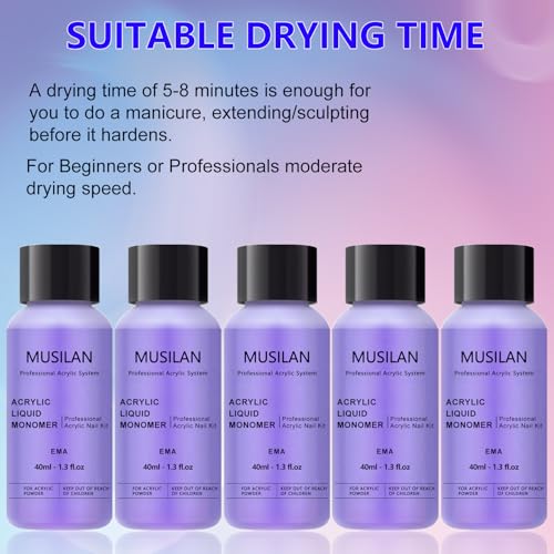 Monomer Acrylic Nail Liquid 5PCS 40ml/1.3fl.oz,Professional Acrylic Liquid Monomer for Acrylic Nails Powder Nails Extension for Nail Art Manicure DIY,Non-Yellowing Monomer-acrylic nail liquid