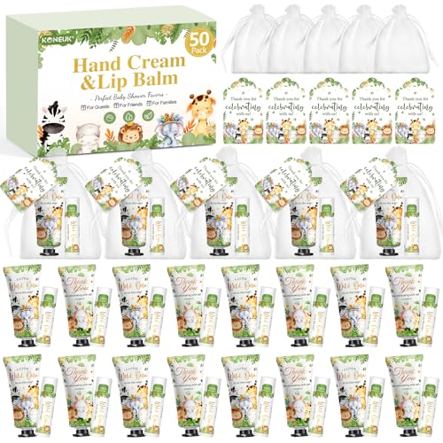 50 Pack Bulk Hand Cream and Bulk Lip Balm Gifts Sets, Baby Shower Favors and Bridal Shower Favors for Guests with Thank You Card and Organza Gift Bags, Birthday Gifts, Appreciation Gifts (Animal)
