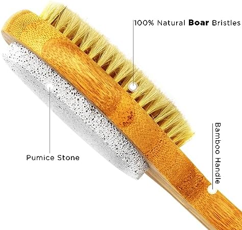 2 in 1 Long Handle Bath&Shower Brush,Bath Scrubber,Boar Bristle with Pumice Stone Exfoliate & Soften Skin,Dry Brushing Body Brush for Cellulite&Lymphatic Drainage