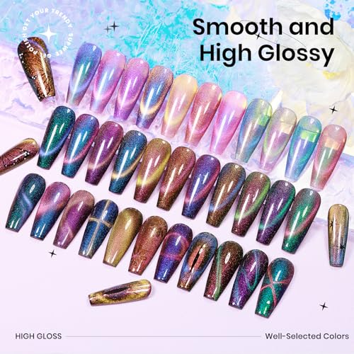 12 Colors Cat Eye Gel Polish with Magnetic Stick, Chameleon Magnetic Gel Polish Kit Trible Colors Effect Galaxy Cateyes Nail Polish Gel Collection Home DIY Manicure for Women Girl