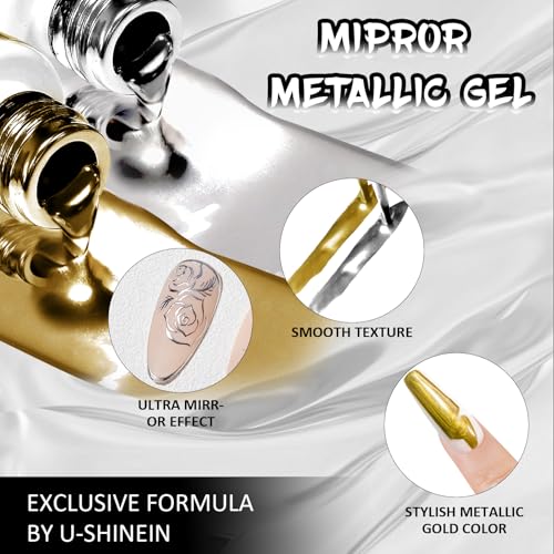 2x12ml Metallic Mirror Nail Polish, Ultra Mirror Silver & Gold Metal Painted Drawing with Thin Brush, Chrome Gel Polish Nail Art Gel Liner Soak Off DIY