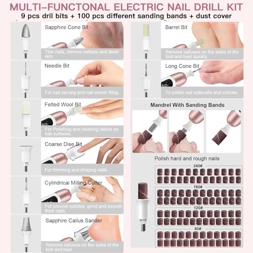 Electric Nail File Set, 9 in 1 Professional Manicure and Pedicure Kit, Cordless Nail Drill for Feet, LCD Display 10 Speeds Electric Nail Drill Machine, Hand Foot Care Tool