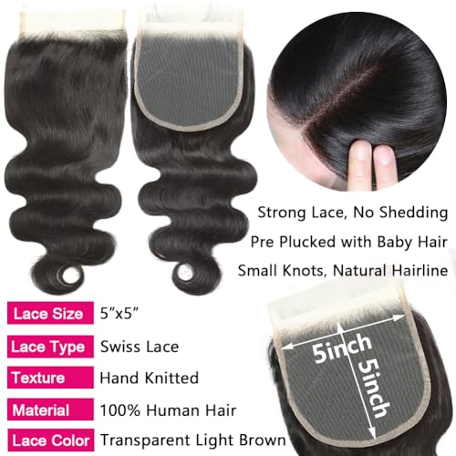 18 20 22 Inch Body Wave Bundles with Closure (16 Inch 5x5 HD Lace Closure) Human Hair Brazilian 3 Bundles with Closure Unprocessed Virgin Human Hair Free Part