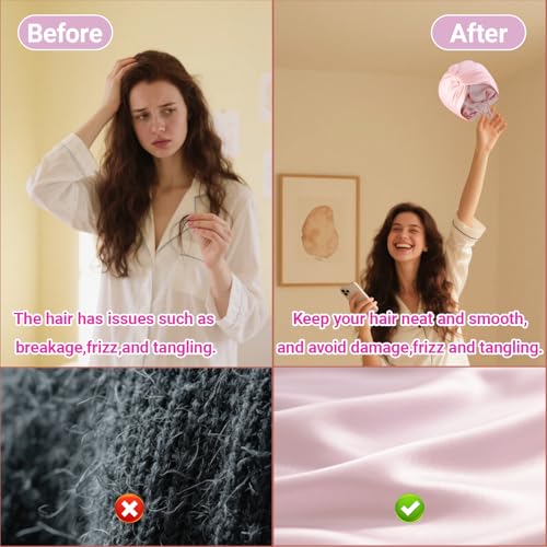 2Pcs Adjustable Silk Hair Bonnet For Sleeping, Sleep Cap With 2 Pcs Scrunchies, Silk Hair Wrap For Sleeping Women For Curly Hair, Natural Hair Care Night Caps (Pink)