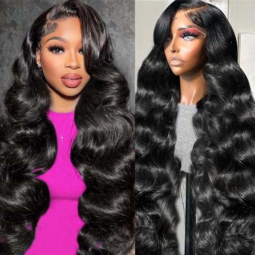 28 Inch Body Wave Lace Front Wigs Human Hair Pre Plucked 13x4 HD Lace Frontal Wigs Human Hair 200 Density Glueless Wigs Human Hair with Baby Hair Natural Black