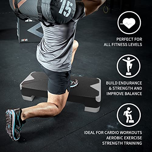 SPART Adjustable Workout Aerobic Stepper, Aerobic Exercise Step Platform with 4 Risers, 3 Levels Adjust 4" - 6" - 8", 26.77" Trainer Stepper with Non-Slip Surface For Home Gym Extra Risers, Black-Gray