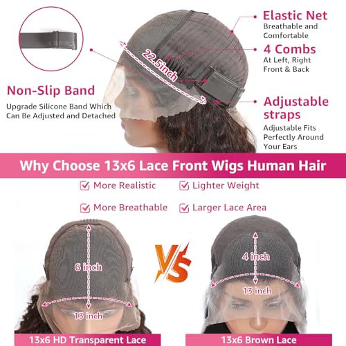 30 Inch Chocolate Brown Deep Wave Lace Front Wigs Human Hair 200 Density 13x6 HD Lace Frontal Wigs Curly Human Hair Brown Glueless Wig For Women Pre Plucked with Natural Hairline