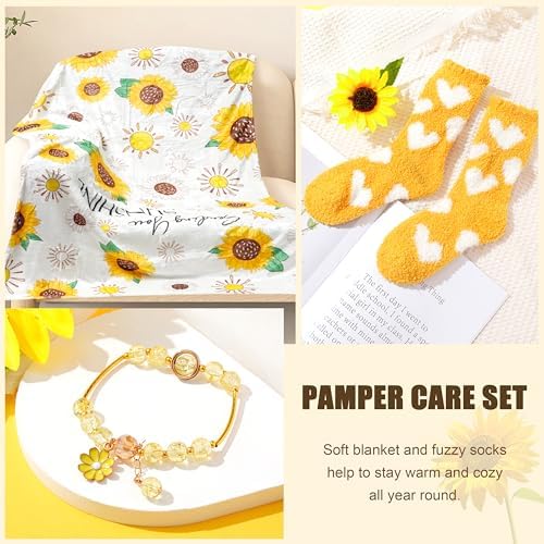 LUCOTIYA Sunflower Get Well Gifts for Women Self-Care Gift Set with Wine Tumbler, Blanket, Neck Pillow, Cozy Socks, Candle, Bath Bombs, for Women Birthday Mom Grandma