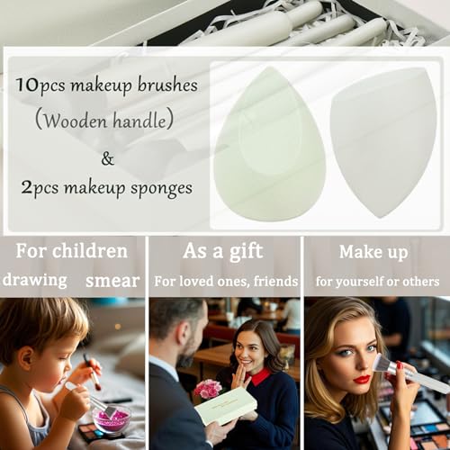 Gift Ready 10 Piece grayish green Makeup Brushs Set and 2 Piece Makeup Sponge – Wooden Handle with Soft Synthetic Bristles, Concealer, Powder – (Ideal for Christmas, Birthday, Women)