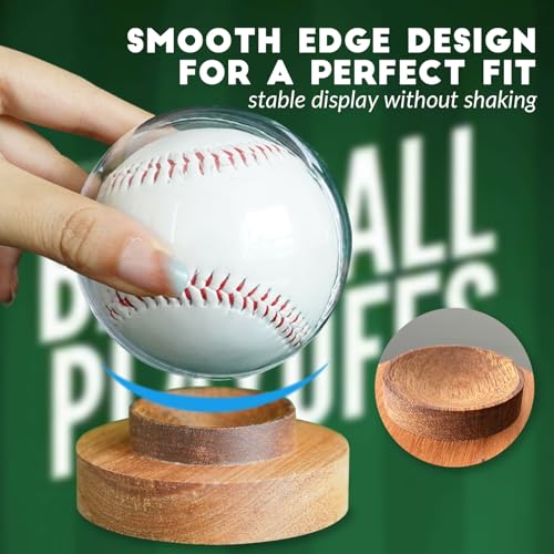 JupDec Baseball Display Case, Round Clear Ball Holder with Wooden Base, Autograph Baseball Stand Box for Single Ball, Acacia Wood, Brown