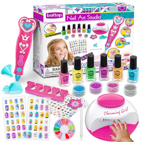 BATTOP Kids Nail Polish Set for Girls, Nail Art Kits with Nail Dryer & Glitter Pen, Quick Dry & Peel Off & Non-Toxic Nail Polish, Christmas Birthday Gifts for Girls Ages 6 7 8 9 10 11 12