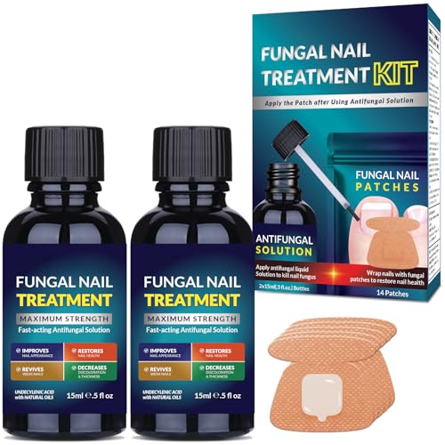 Toenail Treatment Liquid and Patches: Fast Acting Kit for Nail Repair - Extra Strength Solution for Damaged Thick Discolored Cracked Nails - Overnight Toe Finger Nail Renewal Patch