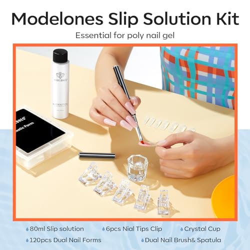 modelones Slip Solution for Poly Gel, 2.8oz Anti-Stick Liquid for Poly Gel with 120Pcs Flat Dual Nail Forms Nail Tips Clips Kit