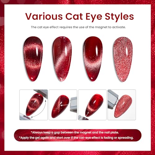 Beetles Cat Eye Gel Nail Polish Set, 6 Colors Glitter Red Pink Shiny Brown Burgundy Purple Blue Green Magnetic Effect Sparkle Stunning Nail Gel Polish Kit Soak Off UV Manicure Gifts for Women