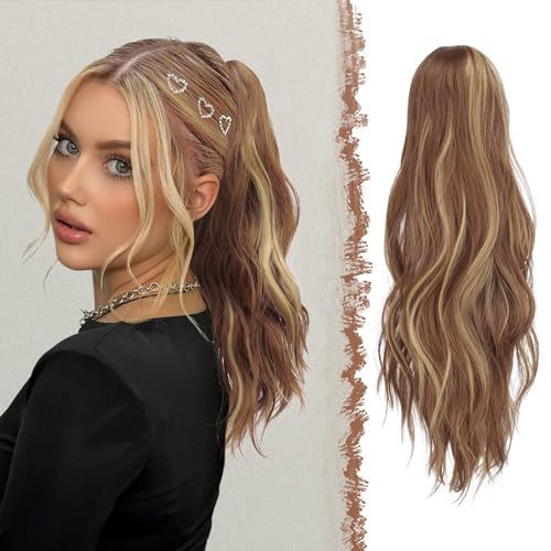 FESHFEN Ponytail Extensions, Long Claw Clip in Ponytail Hairpiece Synthetic Pony Tails Hair Piece Natural Wavy Hairpieces for Women, 20 inch Brown & Blonde