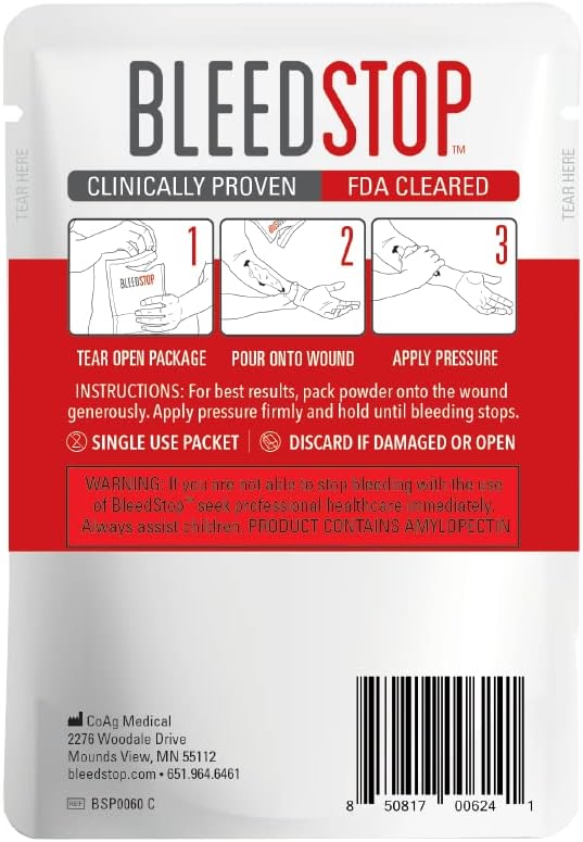 BleedStop™ First Aid Powder for Blood Clotting, Trauma Kit, Blood Thinner Patients, Camping Safety, and Survival Equipment for Moderate to Severe Bleeding Wounds or Nosebleeds - 1 (60g) Pouch