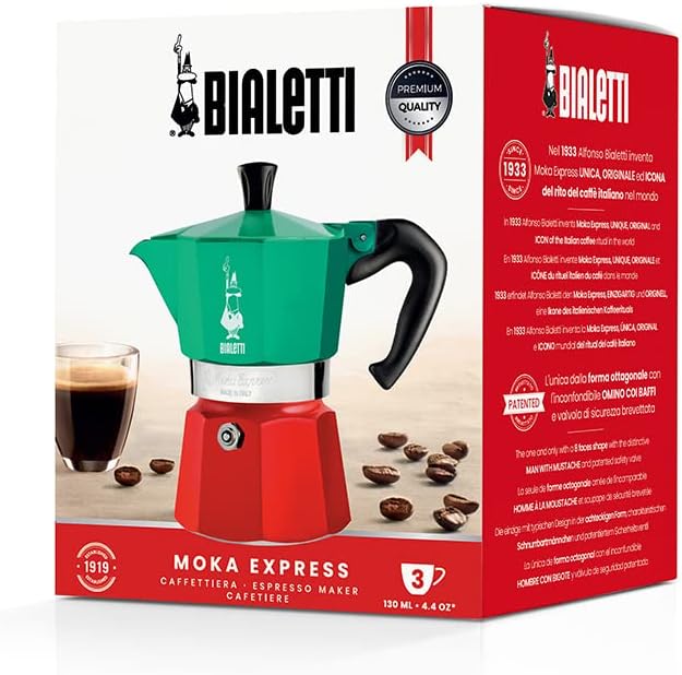 Bialetti - Moka Express Italia Collection: Iconic Stovetop Espresso Maker, Makes Real Italian Coffee, Moka Pot 3 Cups (4.3 Oz - 130 Ml), Aluminium, Colored in Red Green Silver