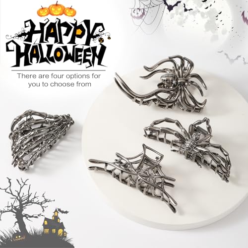 4 PCS Spider Metal Claw Clips, Gothic Hair Claw Clips for Women Girls, Non-Slip Hair Claws for Thick Thin Hair, Spider Web Skeleton Hand Skull Medium Hair Accessories for Women Halloween Party (Black)