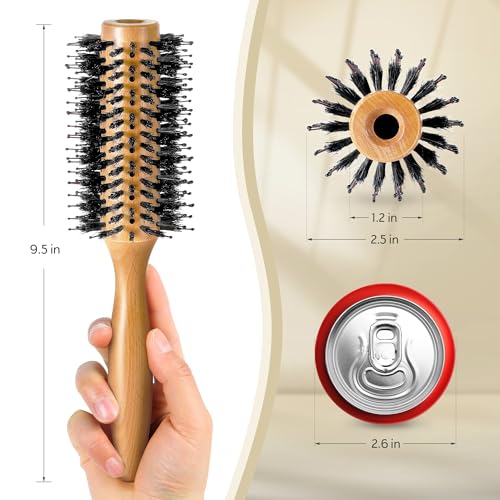 BFWood Round Brush for Blow Out, 1.2 Inch Natural Wooden Boar Bristle Hair Brush for Blow Drying, Curling, Styling & Volume
