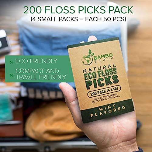 Natural Dental Floss Picks - Eco Friendly Cruelty Free & Vegan Tooth Flossers Pick Set with BPA Free Handle & Zero Waste Packaging - 200 Pack (Mint Flavored)