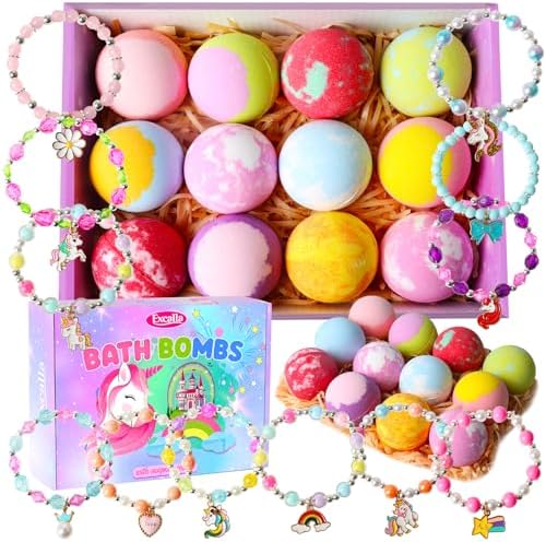 Unicorn Bath Bombs for Kids Girls with Toys Surprise Jewelry Inside, 12pcs Kids Bath Bombs Gift Set, Handmade Bubble Bath Fizzes Bomb for Birthday Christmas Easter Present