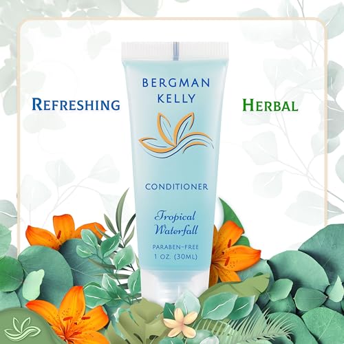 BERGMAN KELLY - Hotel Toiletries Bundle - Tropical Waterfall, 1 oz each, 125 Pieces - 5-Piece Set: 25 each Round Bar Soap, Shampoo, Conditioner, Body Lotion & Body Wash - Bulk Mini Guest Amenities