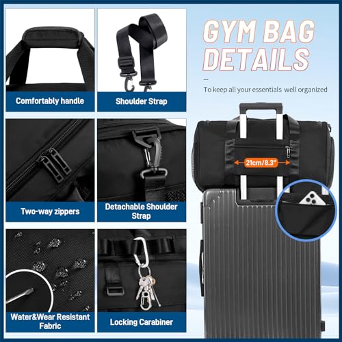 FIORETTO Women's Men's Water-Resistant Gym Duffle Bag with Shoes Compartment, 45L Capacity, Multi-Functional, Ideal for Travel, Gym, Sports, Weekender, Black