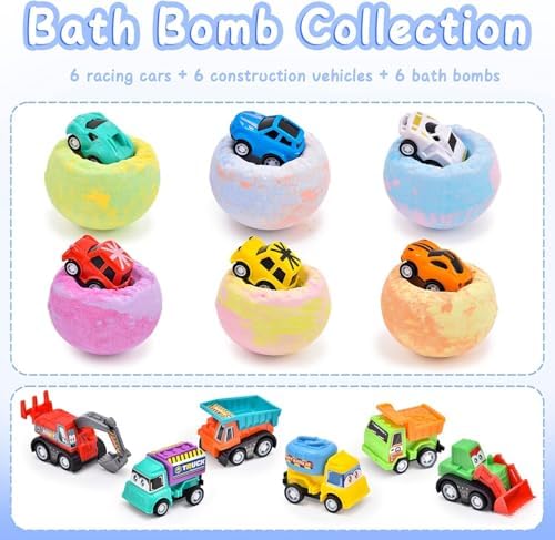 Bath Bombs for Kids with Surprise Car Toys, 6 Pack Kids Bath Bombs for Boys Pull-Back Cars Natural Rich Foam Color Bubble Set Birthday Christmas Gift for Toddlers