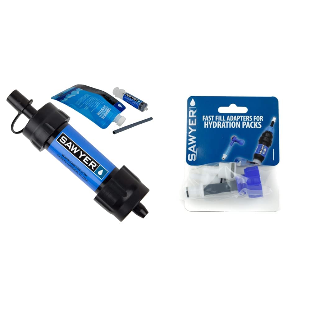 Sawyer Products SP128 Mini Water Filtration System, Single, Blue & SP115 Fast Fill Adapters for Hydration Packs Blue/White,One Size