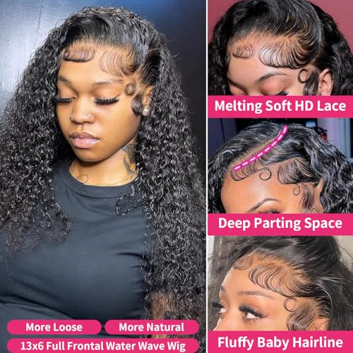 30 Inch 13x6 Lace Front Wigs Human Hair Water Wave 200 Density 13x6 HD Full Lace Frontal Wigs Pre Plucked Wet and Wavy Glueless Deep Curly Human Hair Wigs for Women Natural Black