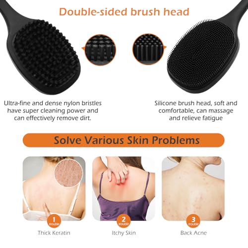 VWMYQ Back Scrubber for Shower, New Update Double Sided Body Scrub Brush Long Handle with Soft Silicone Bristles and Stiff Nylon Bristles for Shower Exfoliating and Massage Can Produce More Rich Foam