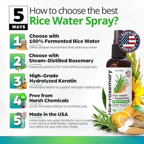NEW Fermented Rice Water Hair Growth Spray with Rosemary, Biotin, Keratin, Caffeine, Vitamins C & B5 - For Thinning Hair, Hairfall, Thicker, Longer, Softer Hair - All Hair Types - Men & Women
