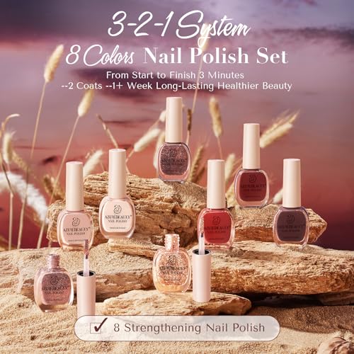 AZUREBEAUTY Brown Shades Champagne Glitter Nail Polish Set 8 Colors, Quick Dry Natural Nail Lacquer Strengthening Treatment Kit DIY Salon