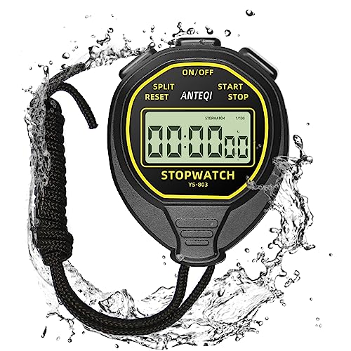 Waterproof Digital Stopwatch Timer, ANTEQI Large Display Simple Silent Stop Watch with ON/Off Function No Clock No Calendar No Alarm for Baseball Swimming Running Training Kids Coaches,Black