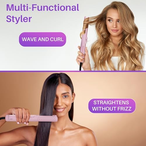Asani 360° Airflow Styler - 2-in-1 Professional Curling Wand & Hair Straightener - Flat Iron Curler with Cooling Fan, Air Vents - Crimper Styling Tool for Volume & All-Day Curls - for All Hair (Pink)