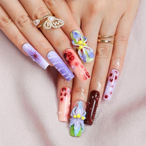 Flower Press on Nails Handmade Long Coffin Muti-Layer Gel Fake Nails Gradient Floral 3D Waterdrop Pattern Design Spring Summer Multicolor Thick False Nails French Tip Acrylic Nails for Women (Size S)