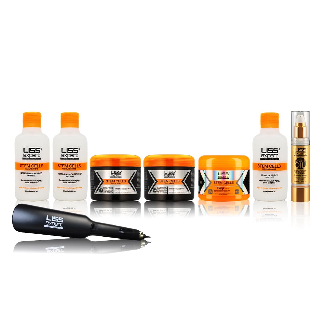 Liss Expert Stem Cells Hair Treatment Kit 8 oz x2 with complete post treatment kit and Professional Grade Titanium Flat Iron DEAL (4, SuperPack2)