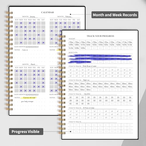 Fitness Workout Journal for Women & Men, A5 Hardcover Workout Log Book & Gym Exercise Planner With Progress Tracker, Goals, Calendar, 5.8" x 8.4" - Black