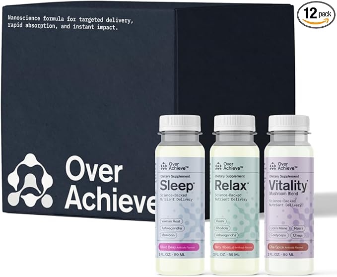 Supplement Variety Pack with Advanced Nanoscience Technology, 12 Pack, Stress Calming Relax Drink, Sleep Aid Drink, Mushroom Supplement Drink, 2 oz Shot