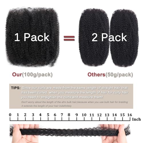 16 Inch Afro Kinkys Bulk Human Hair (100 Gram/Pack), Braiding Hair for Dreadlocks, Loc Repair, Twists, Dreadlock Extensions