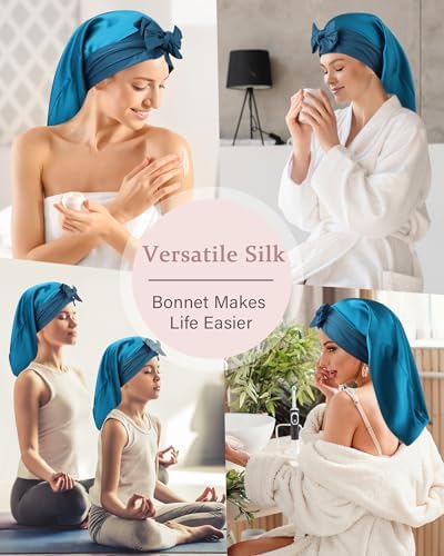 AWAYTR 100% Mulberry Silk Bonnet - Long Hair Cap for Sleeping Tie Band Bonnet for Braids Curly Hair