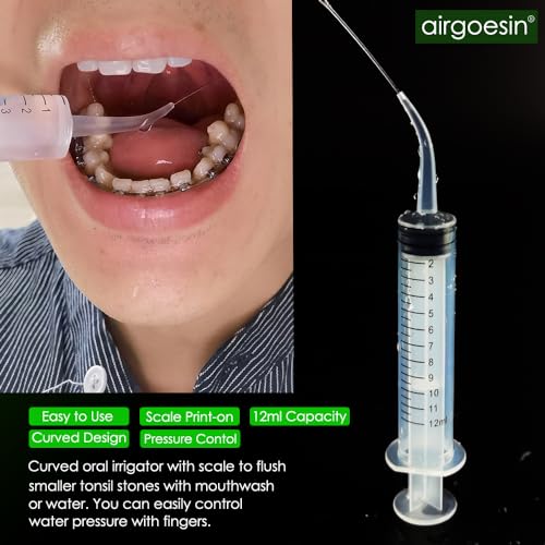 Airgoesin 3-In-1 Tonsil Stone Removal Remover Kit, Tonsil Stone Vacuum Suction Kit, Long Tonsil Stone Stainless Steel Pick 18cm/ 7” with Protection Cap, Curved Oral Irrigation Syringe 12ml with Scale