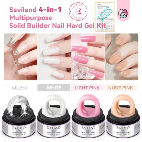 SAVILAND Non Sticky Solid Builder Nail Gel Kit: 4 Color Long-lasting Clear Nude White Pink Solid Hard Gel with Chrome Nail Powder for Nail Extension 3D Sculpting Nail Art Starter Kit DIY Home Salon