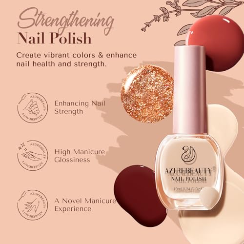 AZUREBEAUTY Brown Shades Champagne Glitter Nail Polish Set 8 Colors, Quick Dry Natural Nail Lacquer Strengthening Treatment Kit DIY Salon