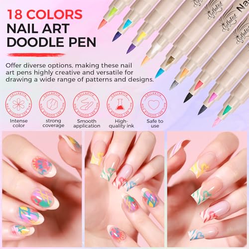 18 Colors Nail Art Pens Set, 3D Nail Polish Pens Quick-Drying Acrylic Paint Markers, Dotting Liner Brush for DIY Nail Design, Home & Salon Manicure Tools