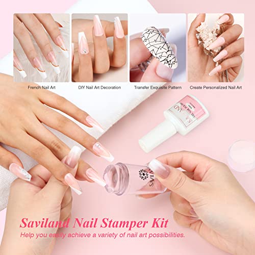 Saviland French Manicure Kit: French Tip Nail Stamp with White Gel Nail Polish Set, Jelly Silicone Nail Stamper Nail Stamper Kit for French Nails Home DIY Nail Salon