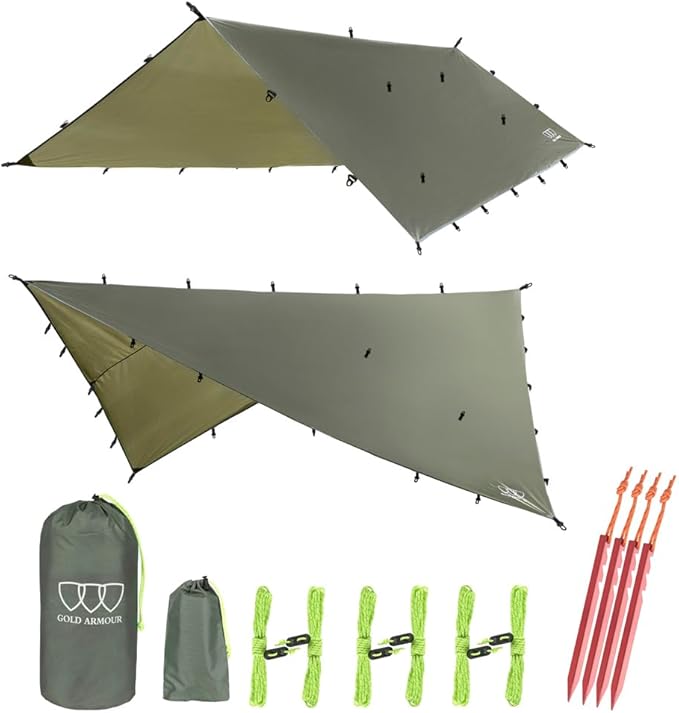 Gold Armour Rainfly Tarp Hammock, Premium 20ft x 14.3ft Rain Fly Cover, Waterproof Ultralight Camping Shelter Canopy, Must Have Camping Accessories Camping Essential (OD Green)