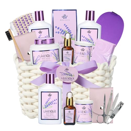 Bath & Body Kit, Spa Gifts for women - 20pcs Spa Gift Baskets Lavender Scented includes Body Wash, Bubble Bath, Bath Bomb, Manicure Set. Gifts for Mom, Birthday Gifts, Home Spa Kit Gift for Her